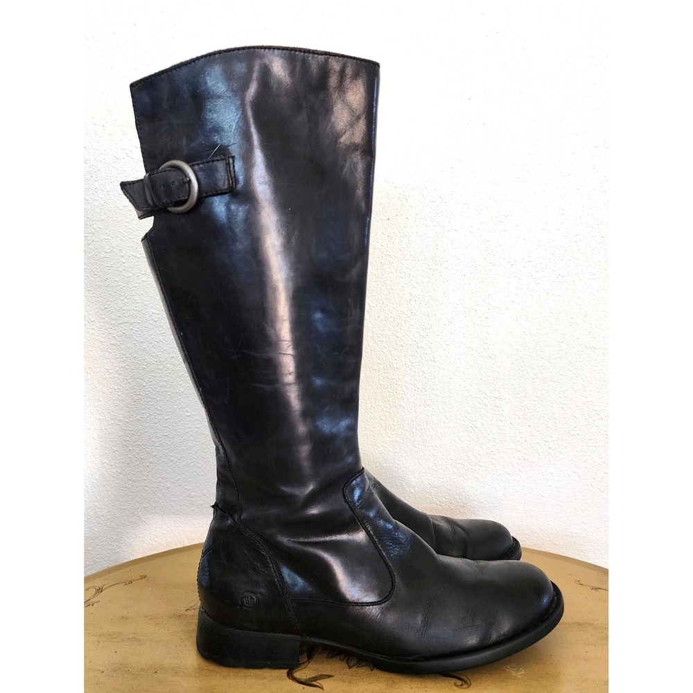 Born US 8.5 Black Leather Tall Riding Boots Flat Adjustable Preppy Quiet Luxury